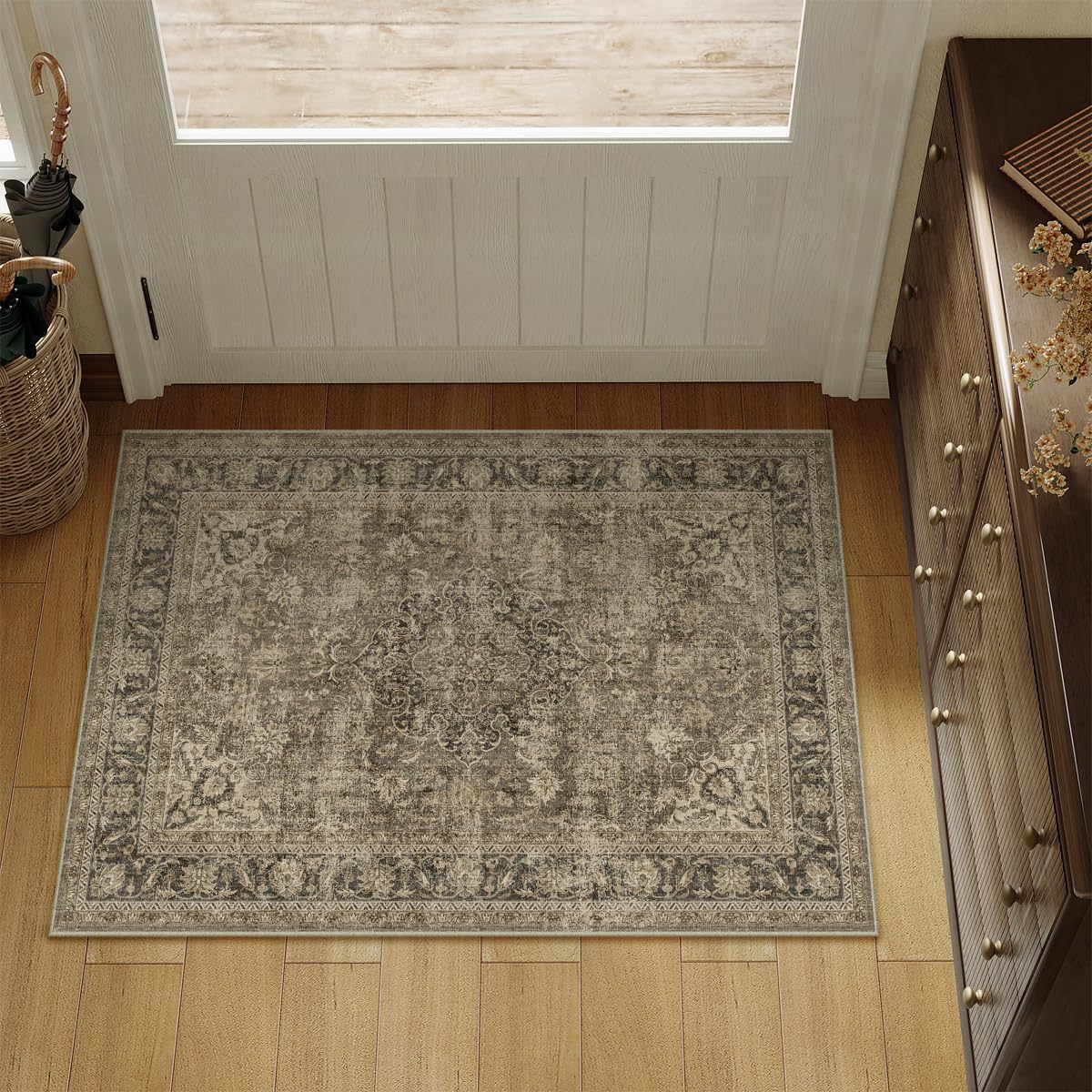 Skiennix 2x3 Washable Area Rug - Vintage Brown Non-Slip Soft Low Pile for Entryway & Kitchen