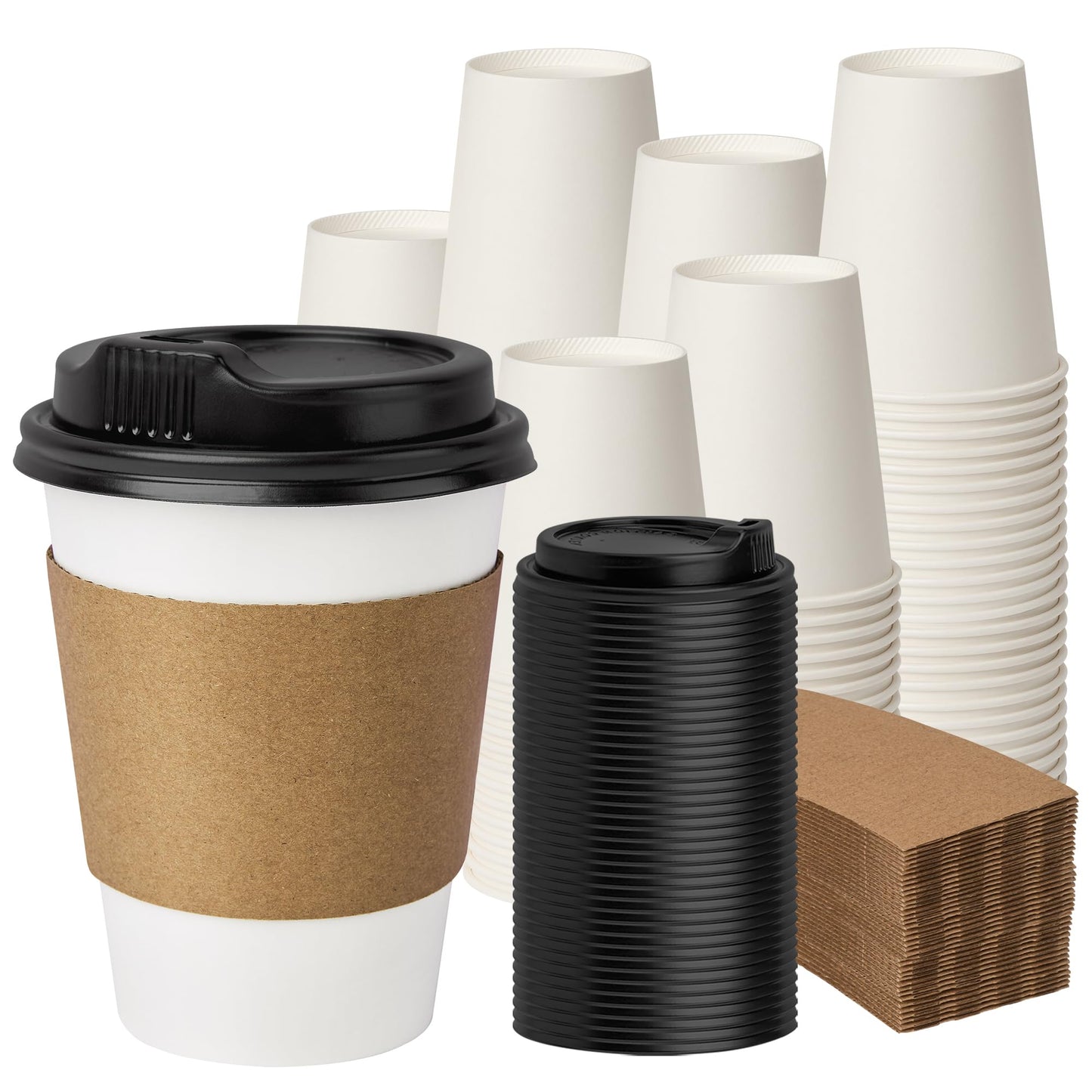 PACKINNO 12 oz 100 Pack Disposable Coffee Cups with Lids and Sleeves, Coffee Paper Cups with Lids, To Go Beverage Drinking Cup for Coffee, Tea