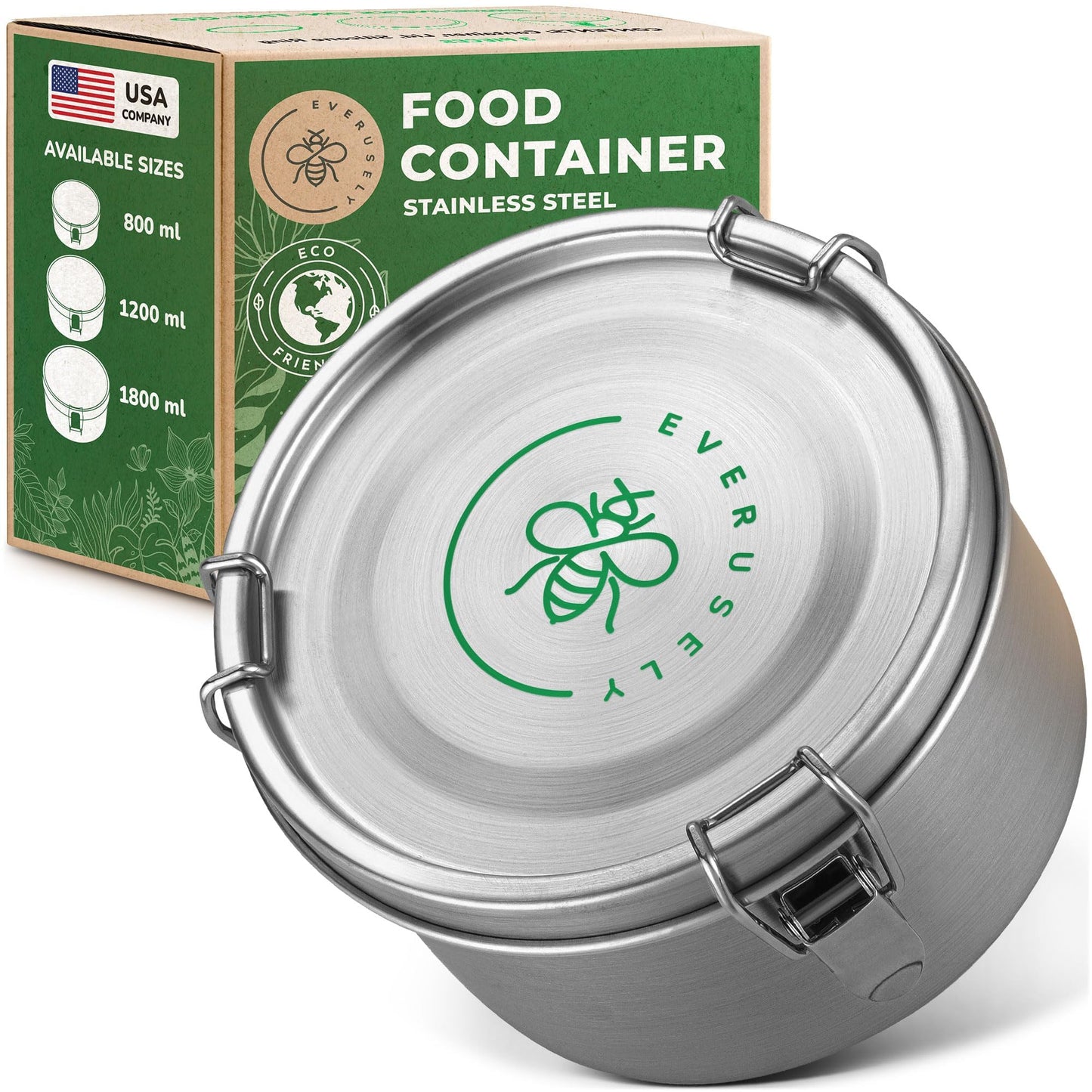 Stainless Steel Food Storage Container with Lid - 60 oz / 1.8 L - Metal Lunch Box + Meal Prep Tin with Food Safe Leakproof Seal - Stackable Pantry Snack Organizer - Reusable Travel Lunch Container
