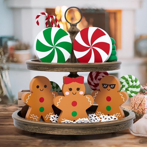 Gingerbread Christmas Decorations - 5 Pcs Wooden Candy Signs for Tiered Tray Decor | Home & Kitchen