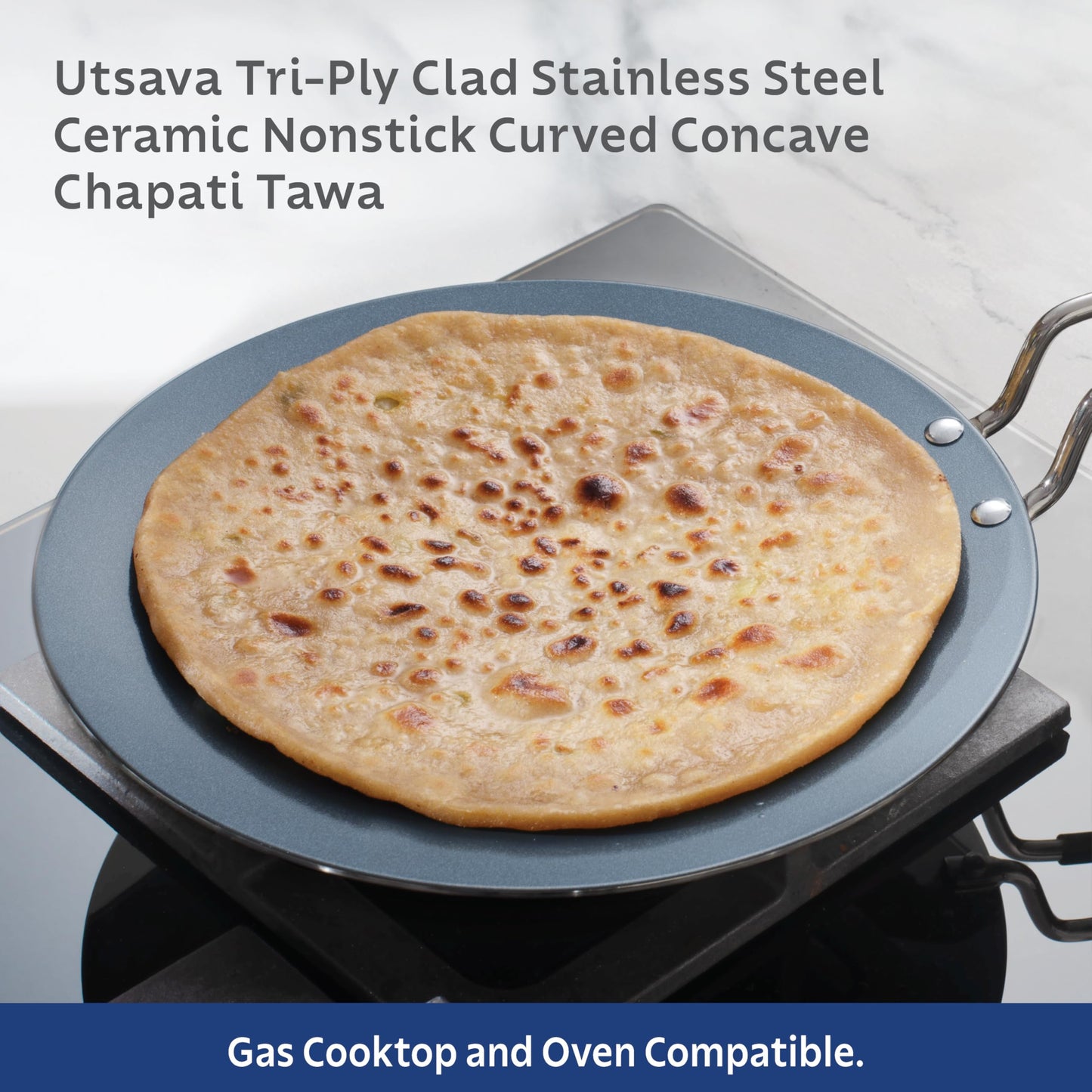 Tramontina Utsava 12-Inch Tri-Ply Clad Stainless Steel Ceramic-Coated Dosa Tawa, Non Stick Tava Pan for Roti, Crepe Pan, Comales para Tortillas, Pancake Griddle, Nonstick Flat Skillet