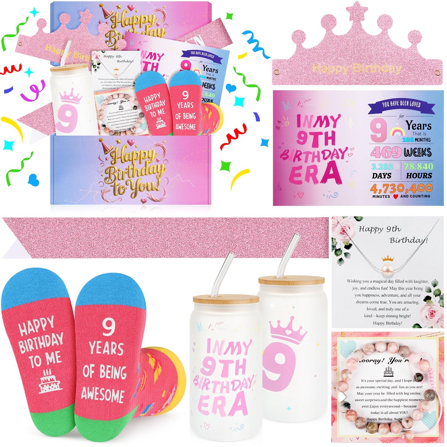 ZZTDSD 9 Year Old Girl Birthday Gift Set, Gifts for 9 Year Old Girls with Glass Cup (16oz), Socks, Pearl Necklace, Beaded Bracelet, Birthday Hat, Sash & Card