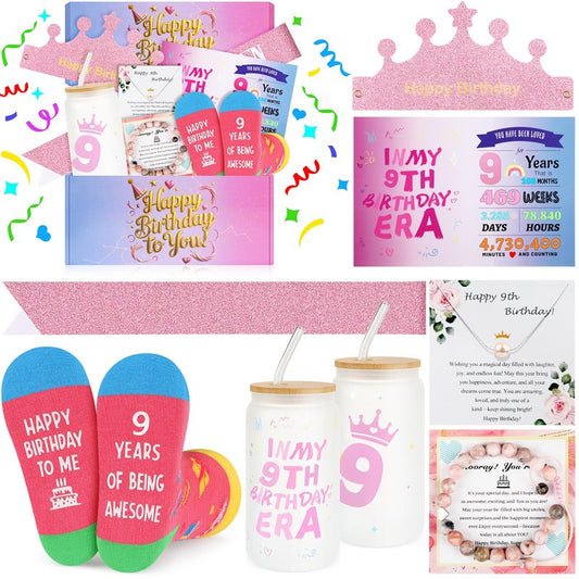 ZZTDSD 9 Year Old Girl Birthday Gift Set, Gifts for 9 Year Old Girls with Glass Cup (16oz), Socks, Pearl Necklace, Beaded Bracelet, Birthday Hat, Sash & Card