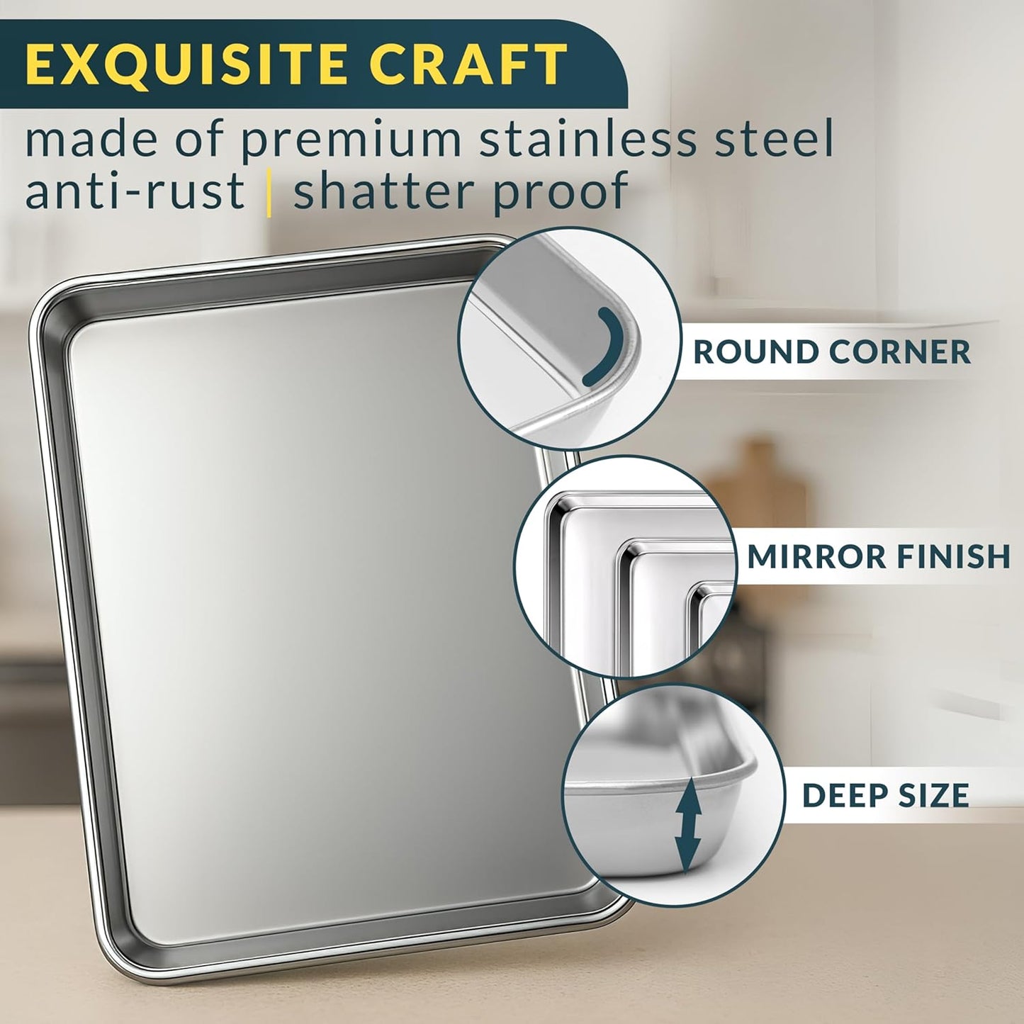 Baker’s Signature Stainless Steel Cookie Sheet Pan Set - Non-Stick, Rust Resistant | 3 Sizes: 9, 12, 16 Inch