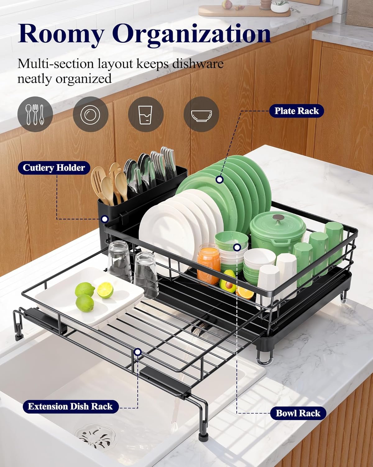 Kitsure Extendable Dish Drying Rack - Rust-Resistant Kitchen Rack with Adjustable Legs & Cutlery Holder | Black, 15.6''-25.2''L × 16.9''W × 8.1''H