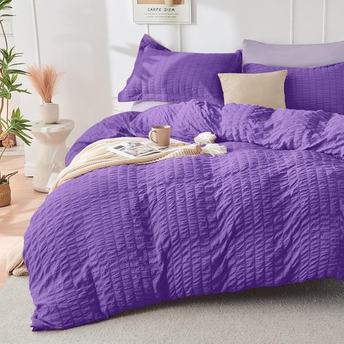 HYMOKEGE California King Comforter Set - Dark Purple & Lavender Seersucker | 7-Piece All-Season Luxury Bedding Set