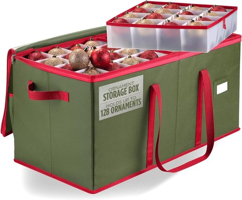 Christmas Ornament Storage | Store Up to 128 Ornaments - Adjustable Dividers, Zippered Top, Green