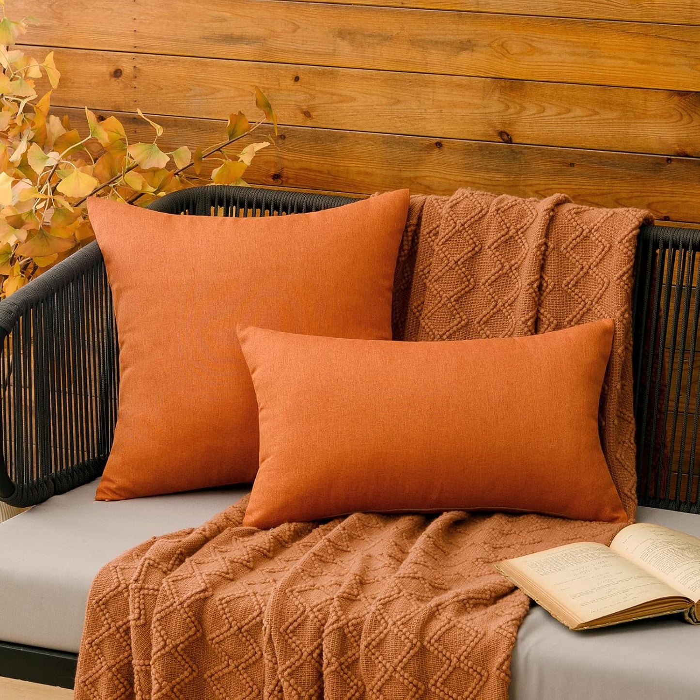 MIULEE Decorative Outdoor Throw Pillow Covers - Waterproof Faux Linen Cushion Cases | 16x16 Inch Orange (Pack of 2)