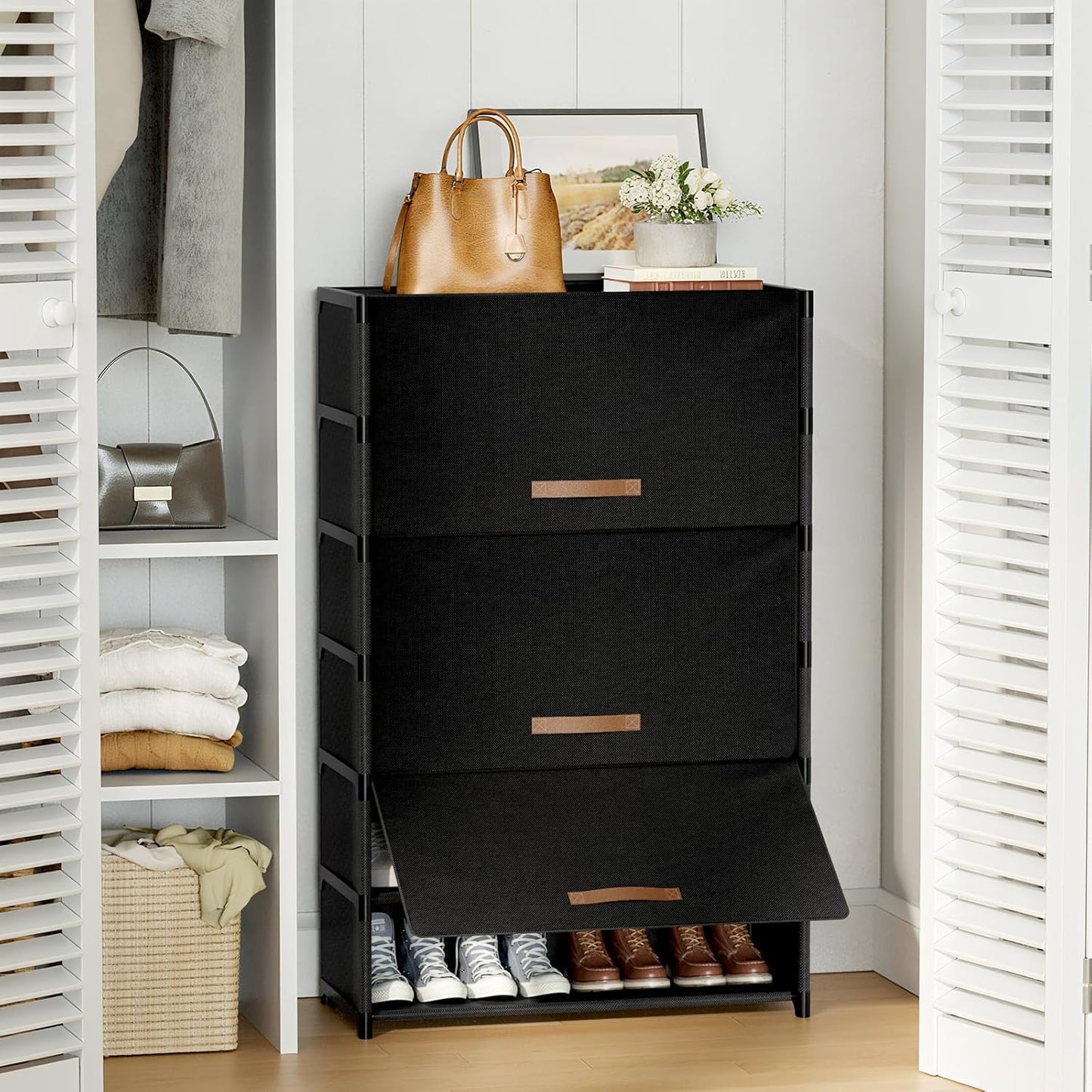 Skiennix 7-Tier Shoe Rack - 28 Pair Plastic Storage Cabinet with Door for Closet & Entryway | Black