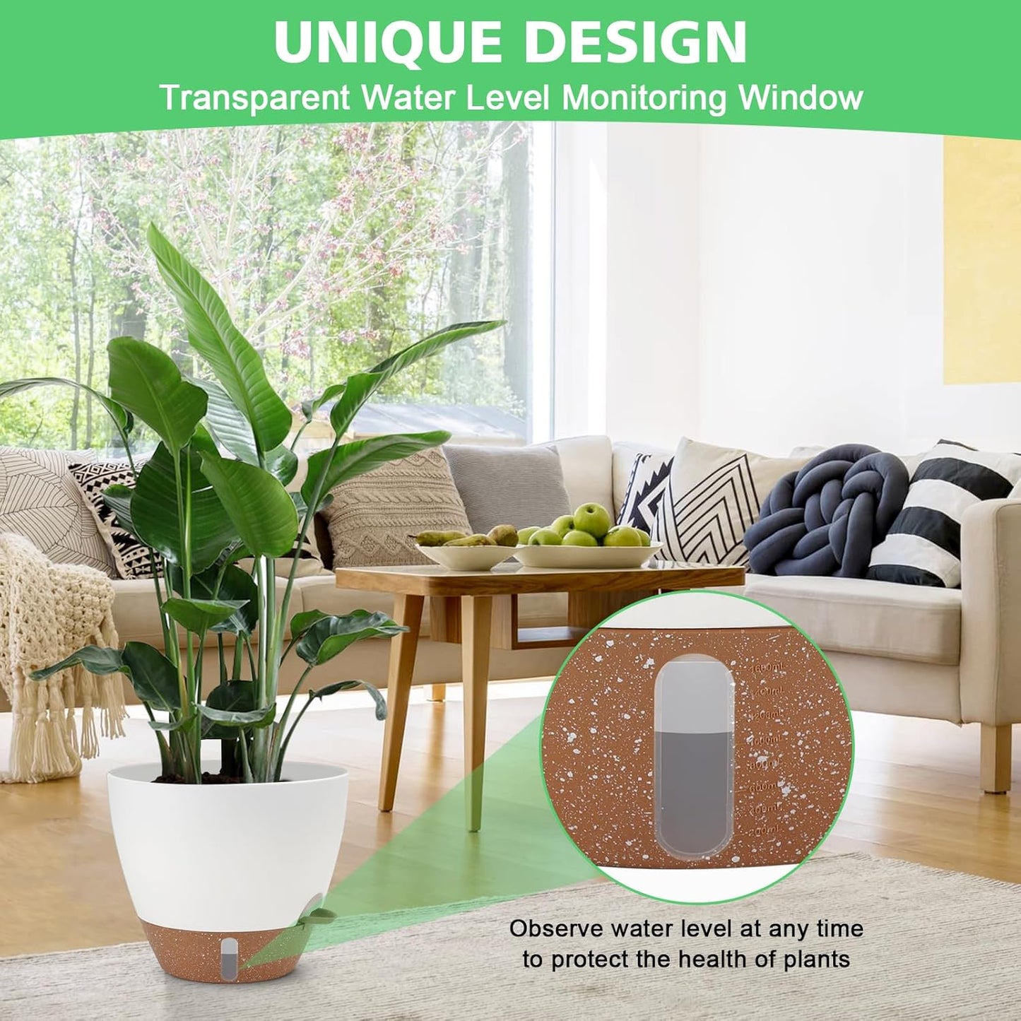 Skiennix Self-Watering Planter Set - 6 Pack of Modern Flower Pots with Visual Water Level | 8-5.5 Inch White