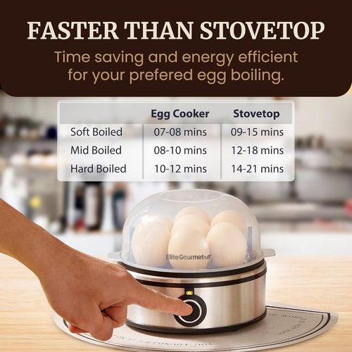 Elite Gourmet Easy Egg Cooker - 7-Egg Capacity for Soft, Medium, Hard-Boiled & Poached Eggs | Stainless Steel with Auto Shut-Off