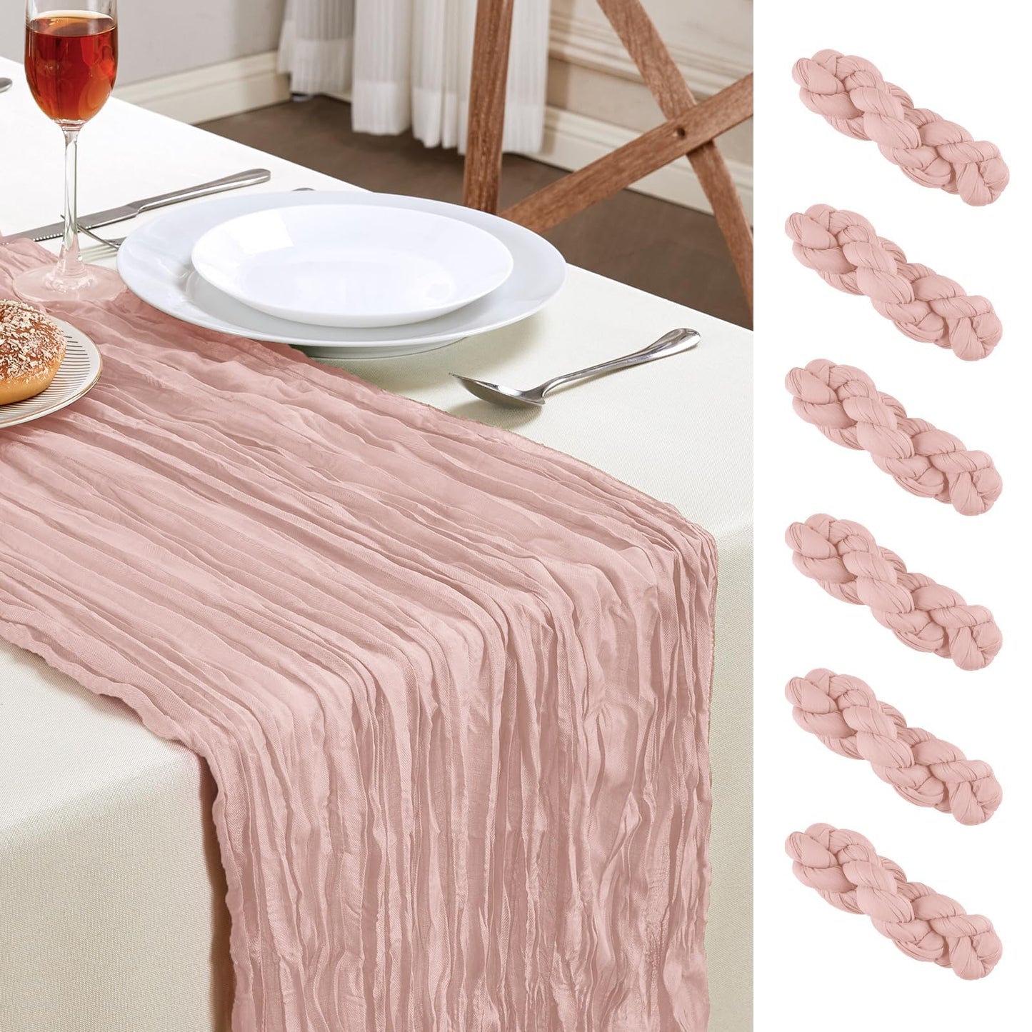 6 Pack Dusty Pink Mother’s Day Cheesecloth Table Runner 10FT Long Boho Gauze Table Runner Rustic Sheer Runner for Spring Wedding Bridal Baby Shower Birthday Holiday Party Table Decor Easter Decor