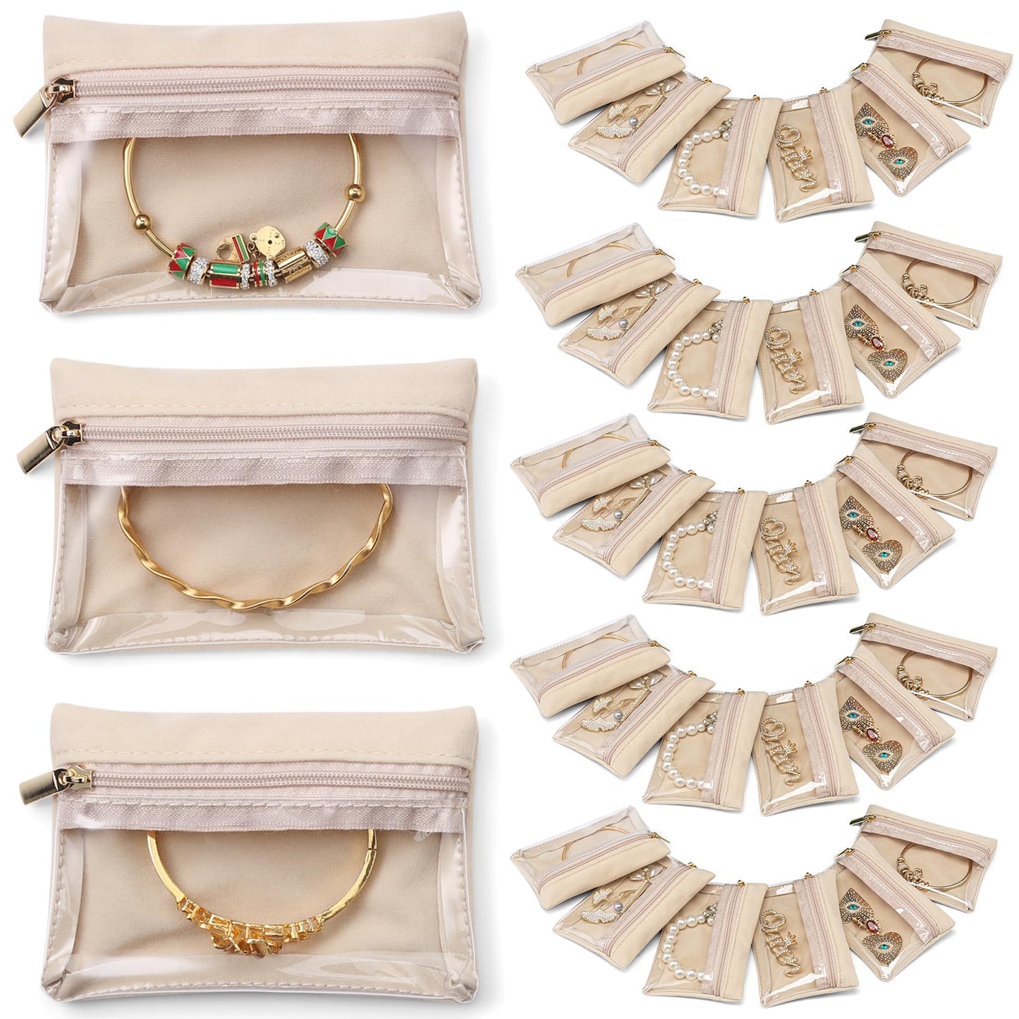 Vlando Travel Jewelry Bags,Jewelry Pouch Bag, Clear velvet zipper pockets Jewelry Storage Bag Organizer Case for Traveling Women Girl Gift 33Pcs