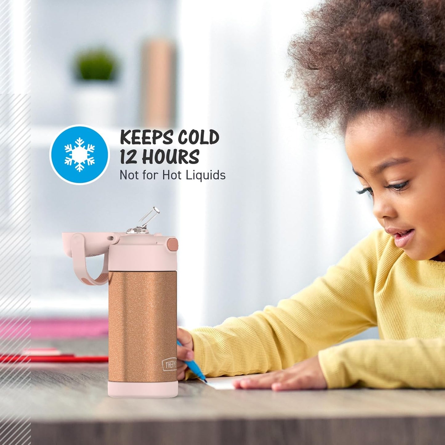 THERMOS FUNTAINER Water Bottle - 12 Ounce Kids Stainless Steel Vacuum Insulated with Straw | Rose Gold Glitter