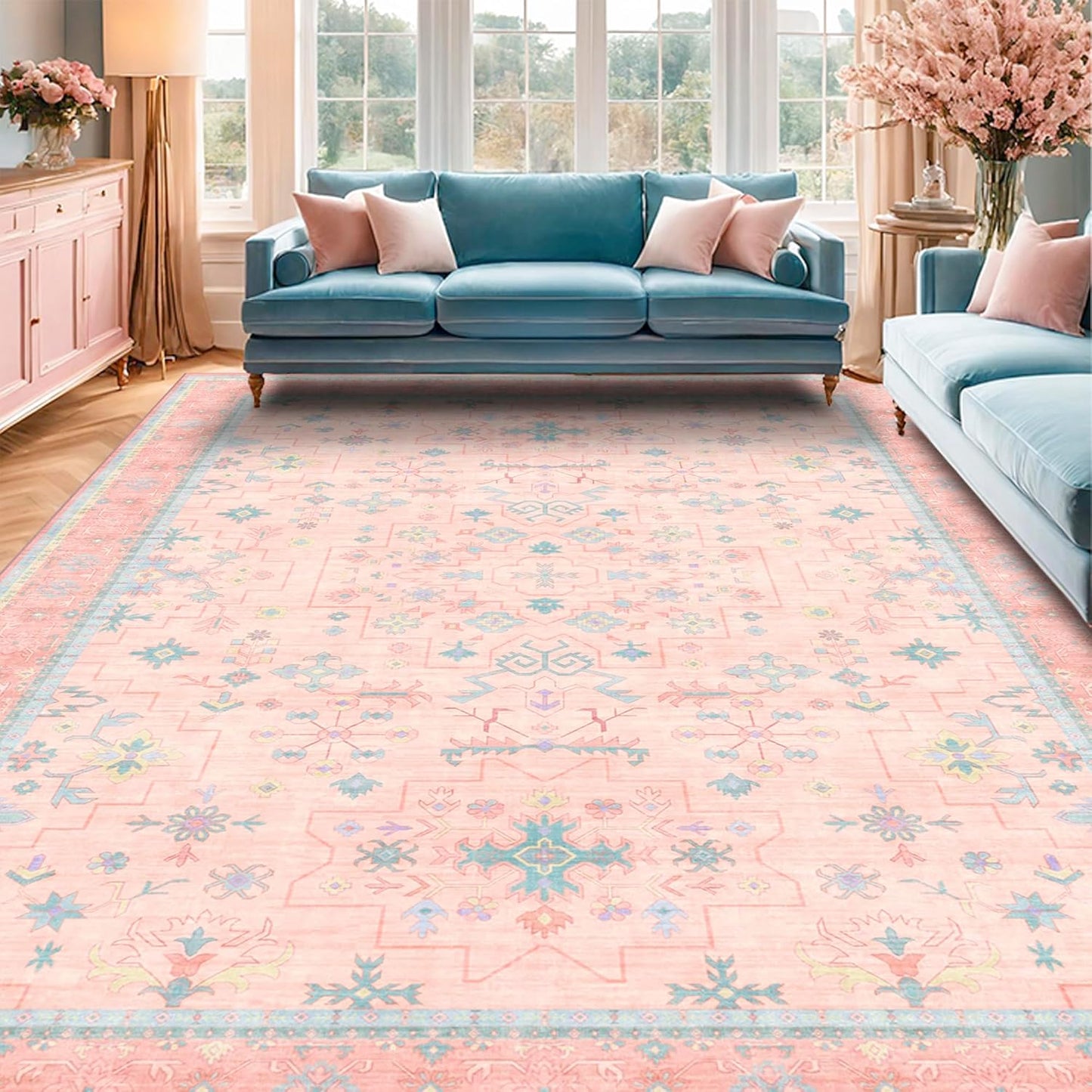 Oushak Rugs | Washable Pink & Blue 6x9 Area Rug - Soft Faux Wool, Modern Floral Design for Kids' Rooms