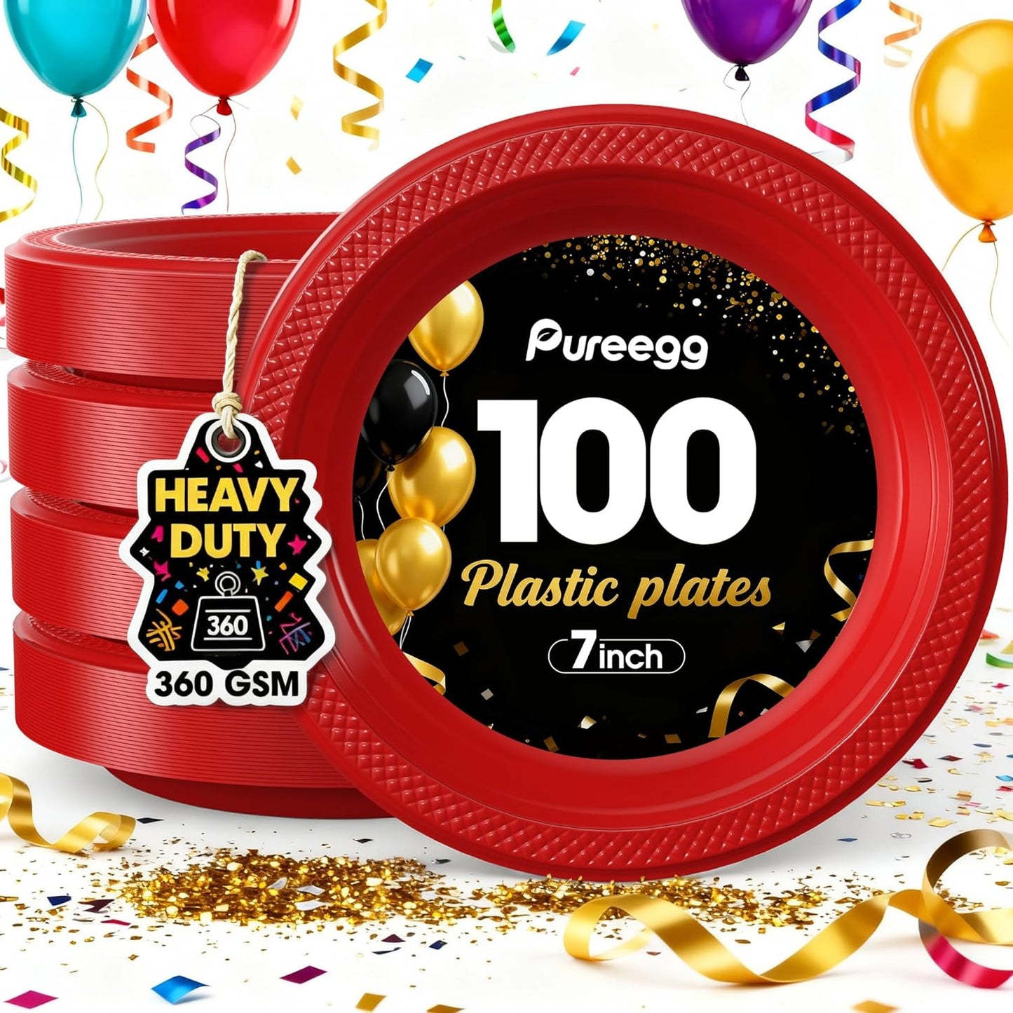 Pureegg 7-Inch Red Plastic Dessert Plates - 100-Count, BPA-Free Disposable Party Plates for Events & Picnics