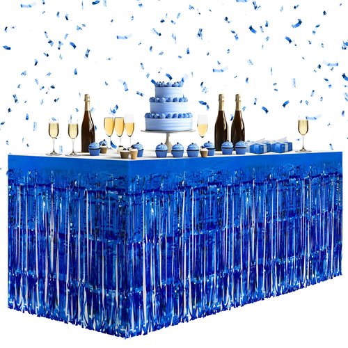 2 Pack Dark Blue Table Skirts, 29x108" Metallic Foil Tinsel Fringe Table Skirts for Rectangle Tables Streamer Curtains Backdrop, Party Decorations for Birthdays Weddings Holidays