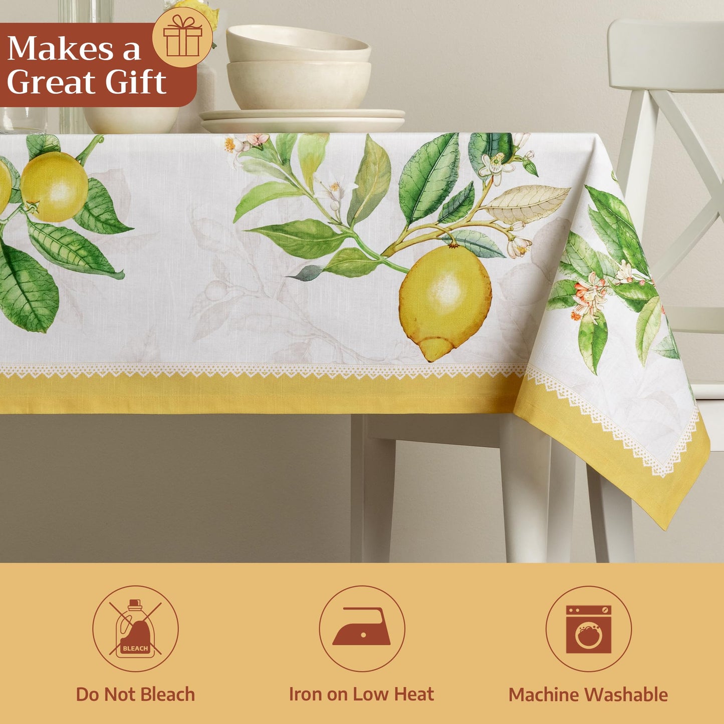 Maison d' Hermine Table Cloth Rectangle Table 100% Cotton 54 x 72 Inches Tablecloth Reusable Decorative for Dining Kitchen Room Farmhouse Home Gifts for Mothers Day Spring Summer - Limoncello