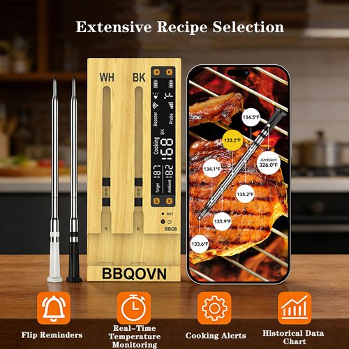 BBQOVN WiFi Sub-1G Wireless Meat Thermometer Unlimited Range 7 NIST Certified Sensors with Ambient Temp 2 Temp Monitoring Ways Digital Smart Base and App for BBQ, Smoker, Grill, Oven (Dual Probes)