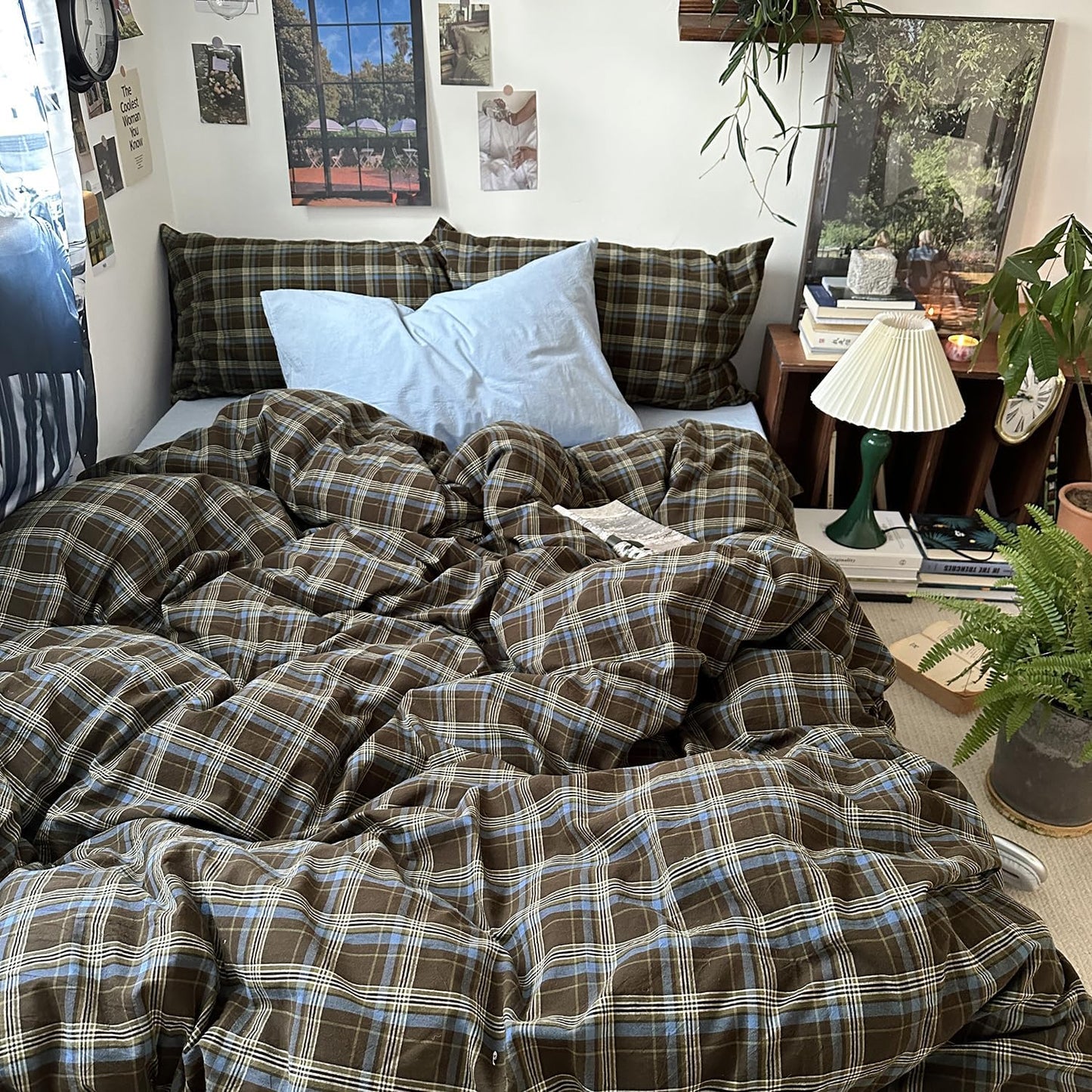 Mixinni Vintage Buffalo Plaid Duvet Cover Set | Soft & Breathable 3-Piece Queen Size Bedding in Brown & Blue