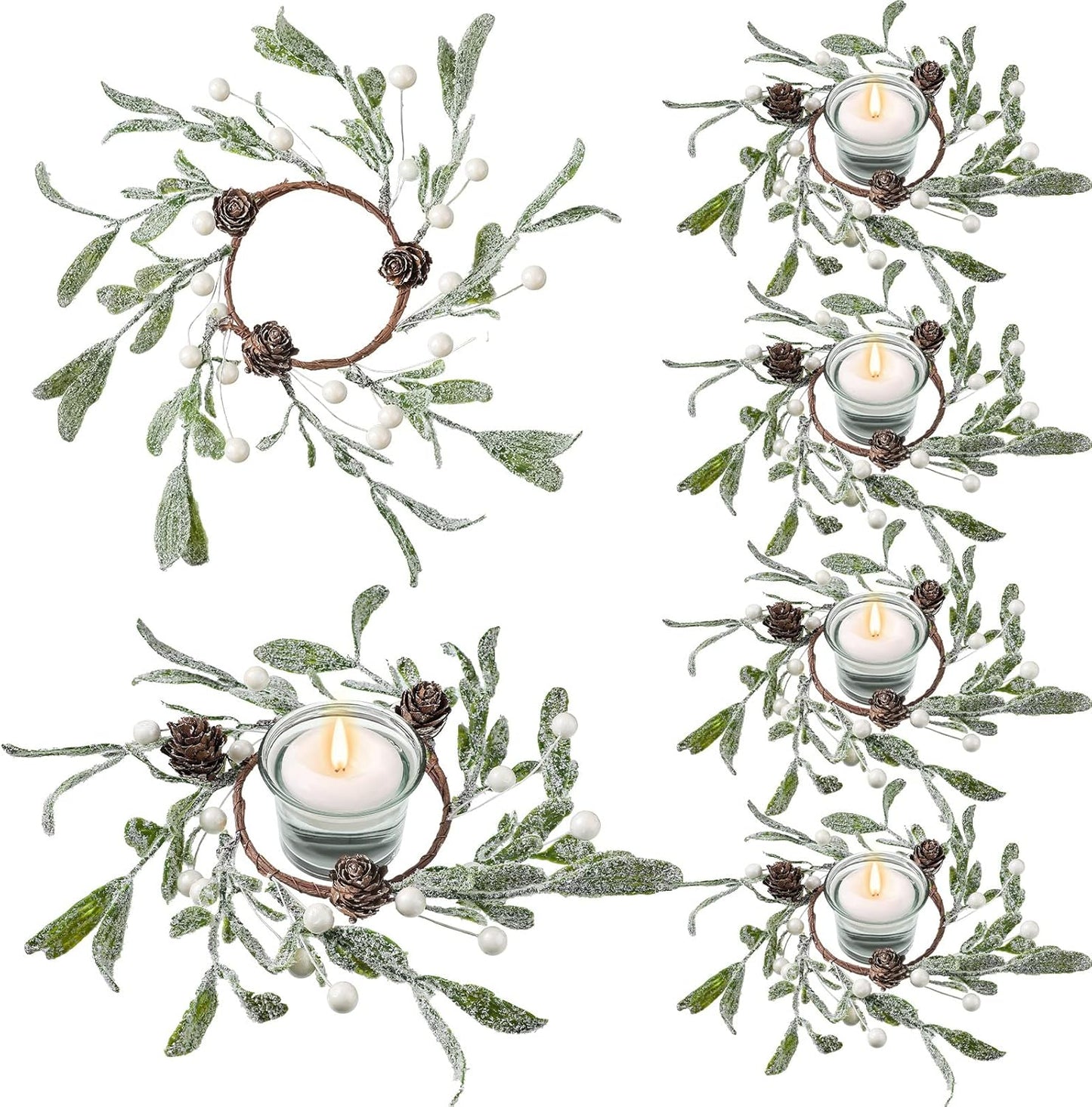 Skiennix Christmas Pillar Candle Rings - 6 Pieces Frosted Mistletoe Wreaths with Pearl Accents for Holiday Decor