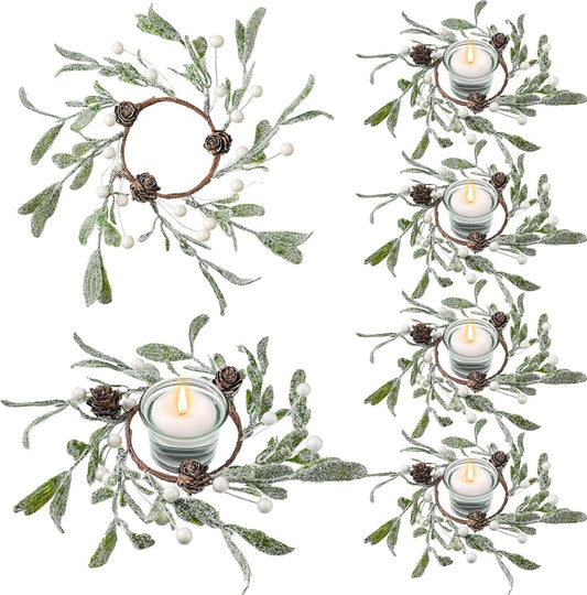 Skiennix Christmas Pillar Candle Rings - 6 Pieces Frosted Mistletoe Wreaths with Pearl Accents for Holiday Decor