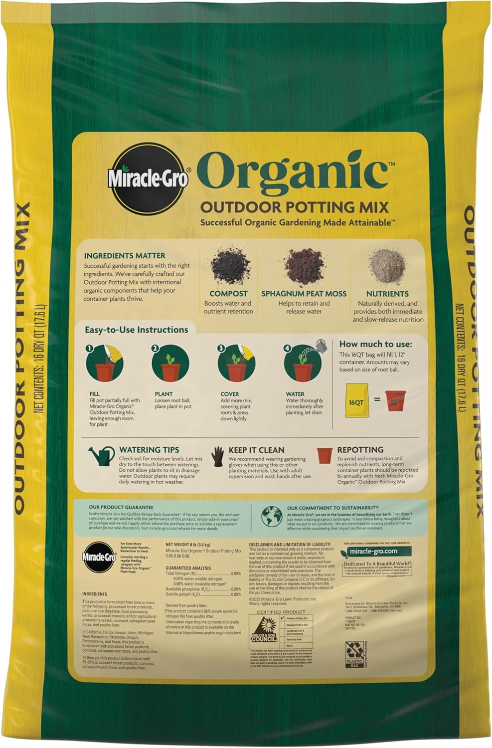 Miracle-Gro Organic Outdoor Potting Mix - Quick-Release Fertilizer for Container Plants | 16 qt. (2-Pack)