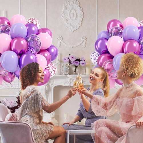 61pcs Pink and Purple Balloons, 12 Inch Purple Pink Confetti Balloons, Metallic Balloon with Ribbon for Bridal Baby Shower Wedding Women Birthday Party Decorations