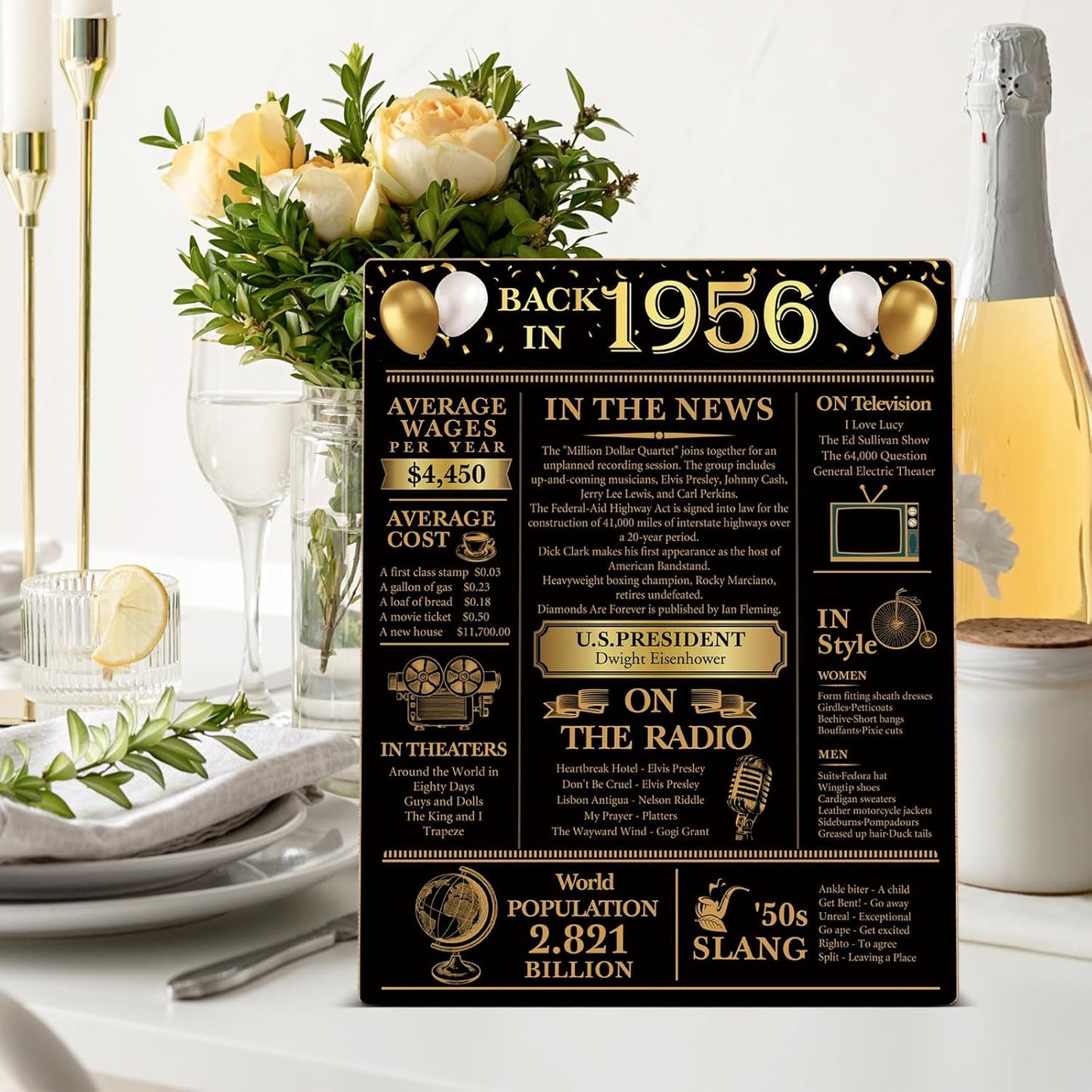 Back in 1956 - 70th Birthday Party Decorations | Black and Gold Wooden Sign & Table Favors