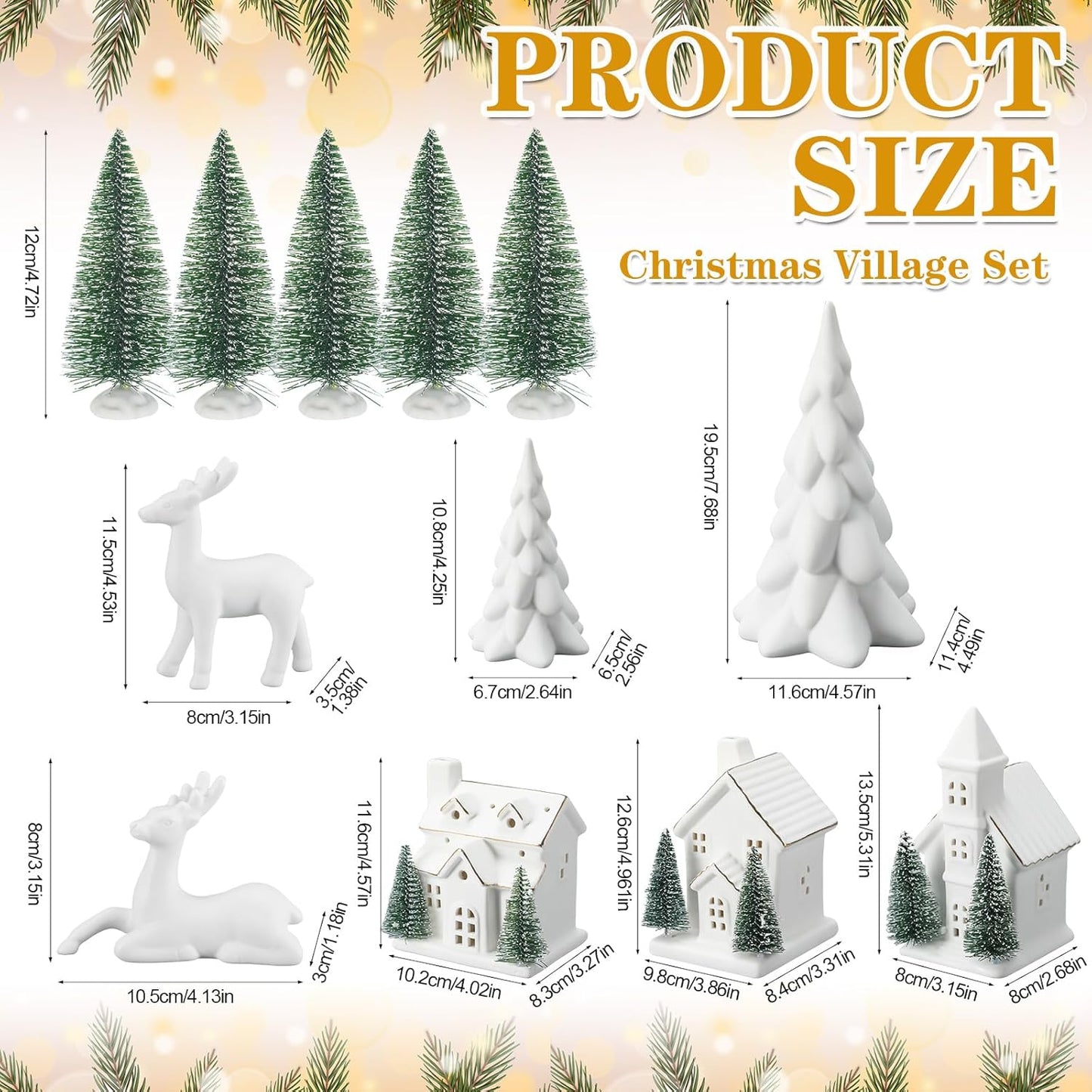 Regine Switzerland 12-Pc Ceramic Christmas Village Set - White Houses, LED Trees & Reindeer Figurines for Holiday Decor
