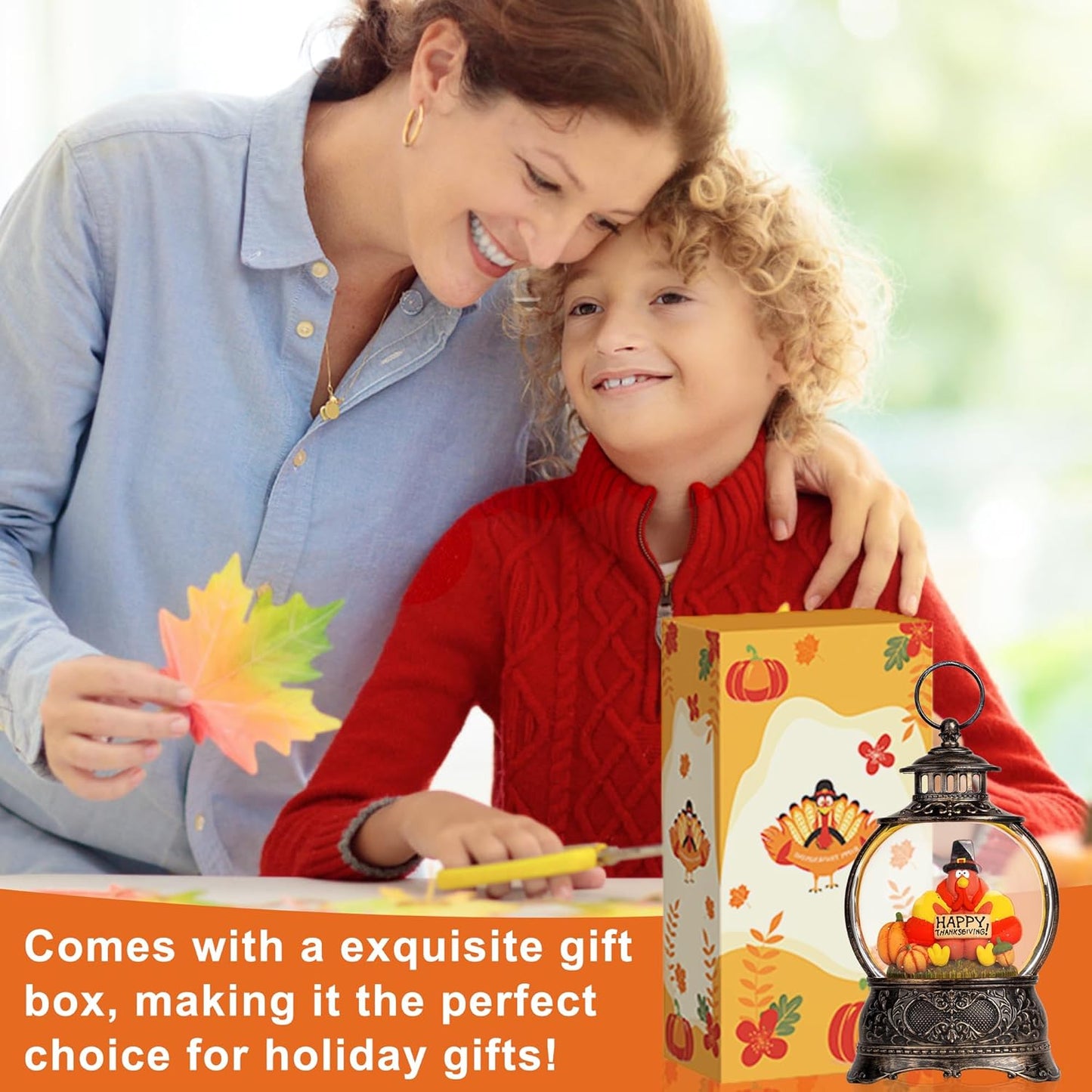 Skiennix Snow Globe | Thanksgiving Water Lantern with Swirling Glitter - Autumn Harvest Decor (Turkey & Pumpkins)