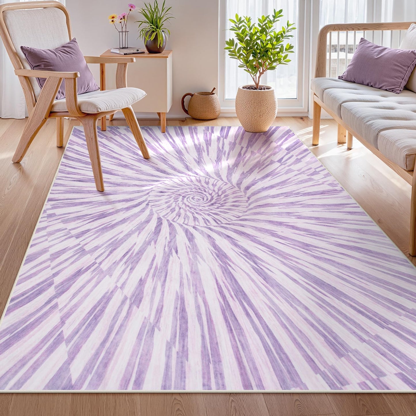 Wonnitar Purple Rug for Bedroom Girls, Abstract Swirl 5x7 Area Rug for Nursery, Washable Ultra-Thin Ombre Soft Modern Carpet for Living Room Kids Room (5x7ft, Lavender/Multi)