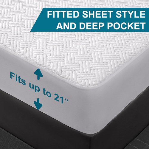 GOPOONY Waterproof Mattress Protector - Breathable, Noiseless, Ultra-Soft Queen Size Bed Cover | Deep Pockets 8"-21" (White)