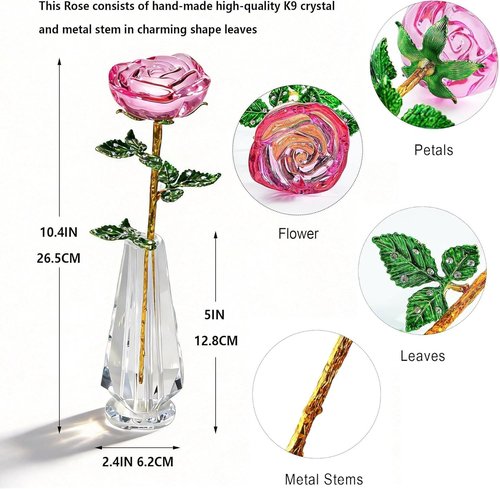 HDCRYSTALGIFTS 10'' Pink Crystal Rose Figurine - Elegant Glass Flower Gift for Mom | Perfect for Mother's Day, Weddings, and Home Decor