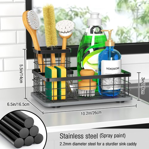 HOKEMOM Kitchen Sink Caddy Organizer, [Stay-Dry Anywhere & No Drainage Needed] Sponge Holder for Kitchen Sink Countertop,Stainless Steel with Rust-Resistant Coating-10.24" L x 6.5" W x 5.83" H