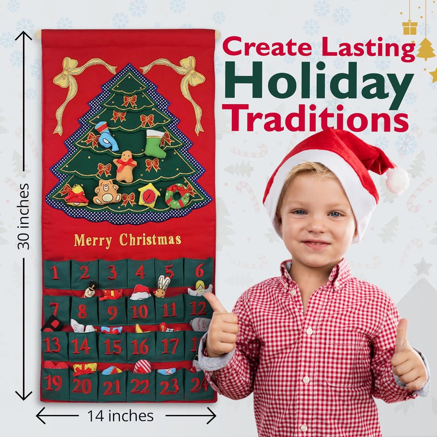 Pockets of Learning Merry Christmas Green Tree Advent Calendar - Festive Fabric Wall Hanging with 24 Stuffed Ornaments