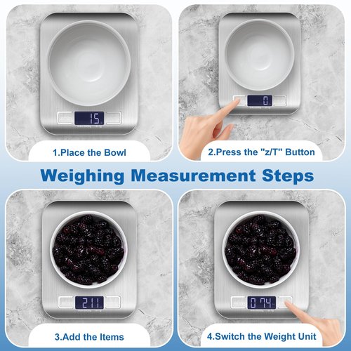 Girwu Food Scale, Digital Kitchen Scale with 0.1g Accuracy, 11lb/22lb Capacity & Backlit LCD, Stainless Steel Tare Scale for Baking, Cooking and Meal Prep, 5.5x7x0.6 Inches (Batteries Included)