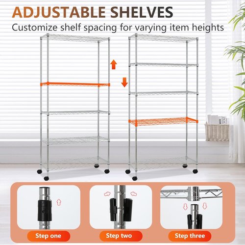 FDW 5-Tier Wire Storage Shelves with Wheels - Adjustable Heavy-Duty Metal Rack | Chrome, 30"x14"x61" | Tool-Free Assembly, Rust-Resistant, Holds Up to 220 lbs | Ideal for Home & Garage Storage