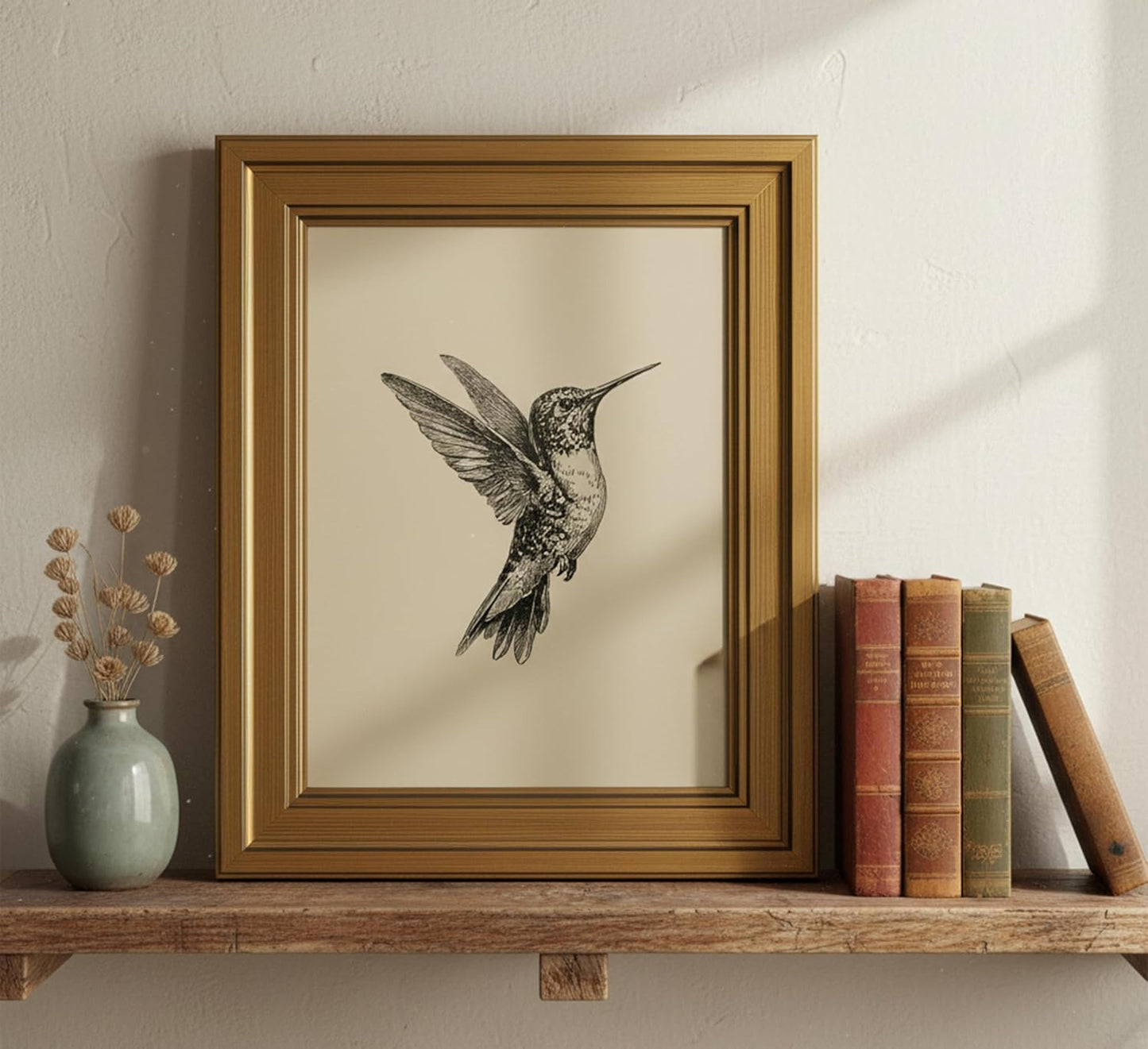 MDHFJEAW Vintage Gold Framed Hummingbird Wall Art - Retro Black and White Canvas Print, 9x11 In
