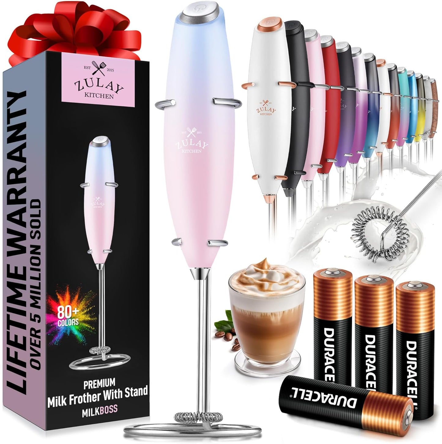 Zulay Kitchen Milk Frother Wand - Ultra-Fast Handheld Drink Mixer with 4 AA Batteries - Lavender Blush