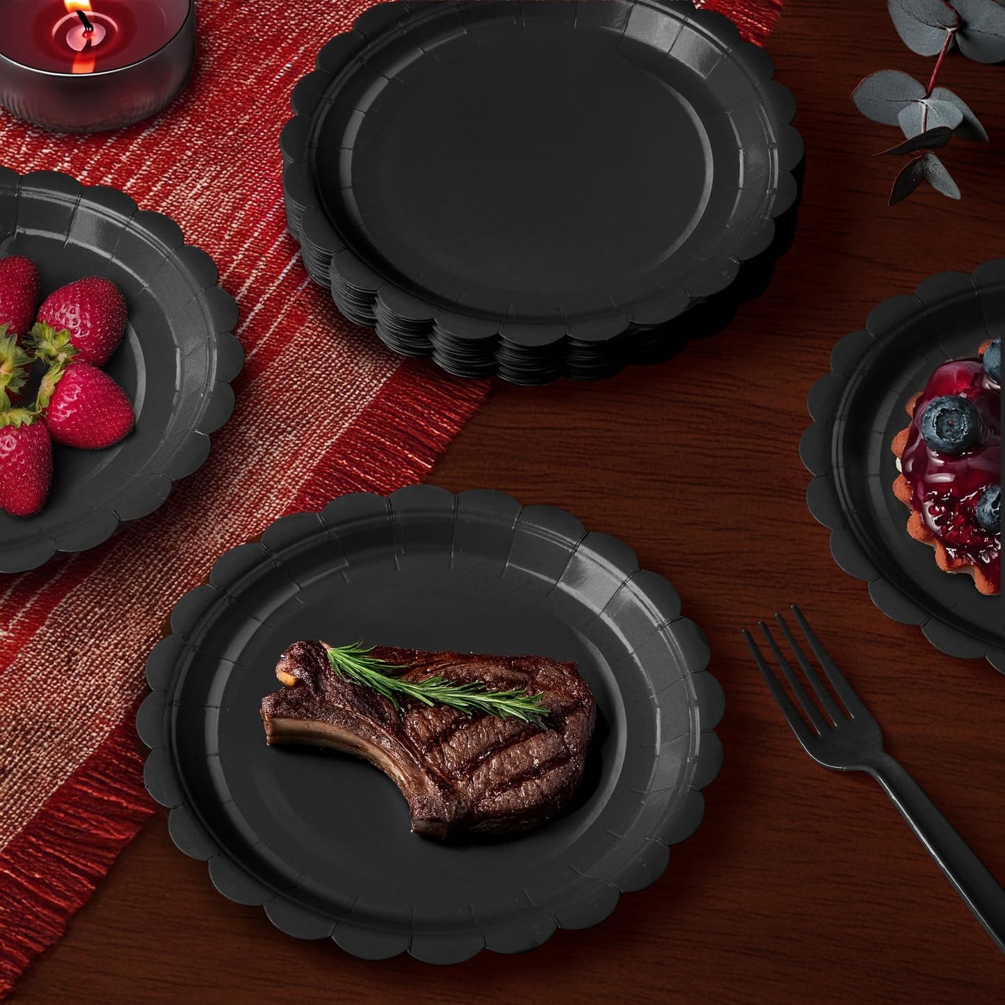 Tyzarglef 105PCS Paper Plates and Napkins Set,7 Inch Scalloped Disposable Tableware with Forks for Birthdays, Garden Parties & Outdoor Events,Serves 35 (Black)