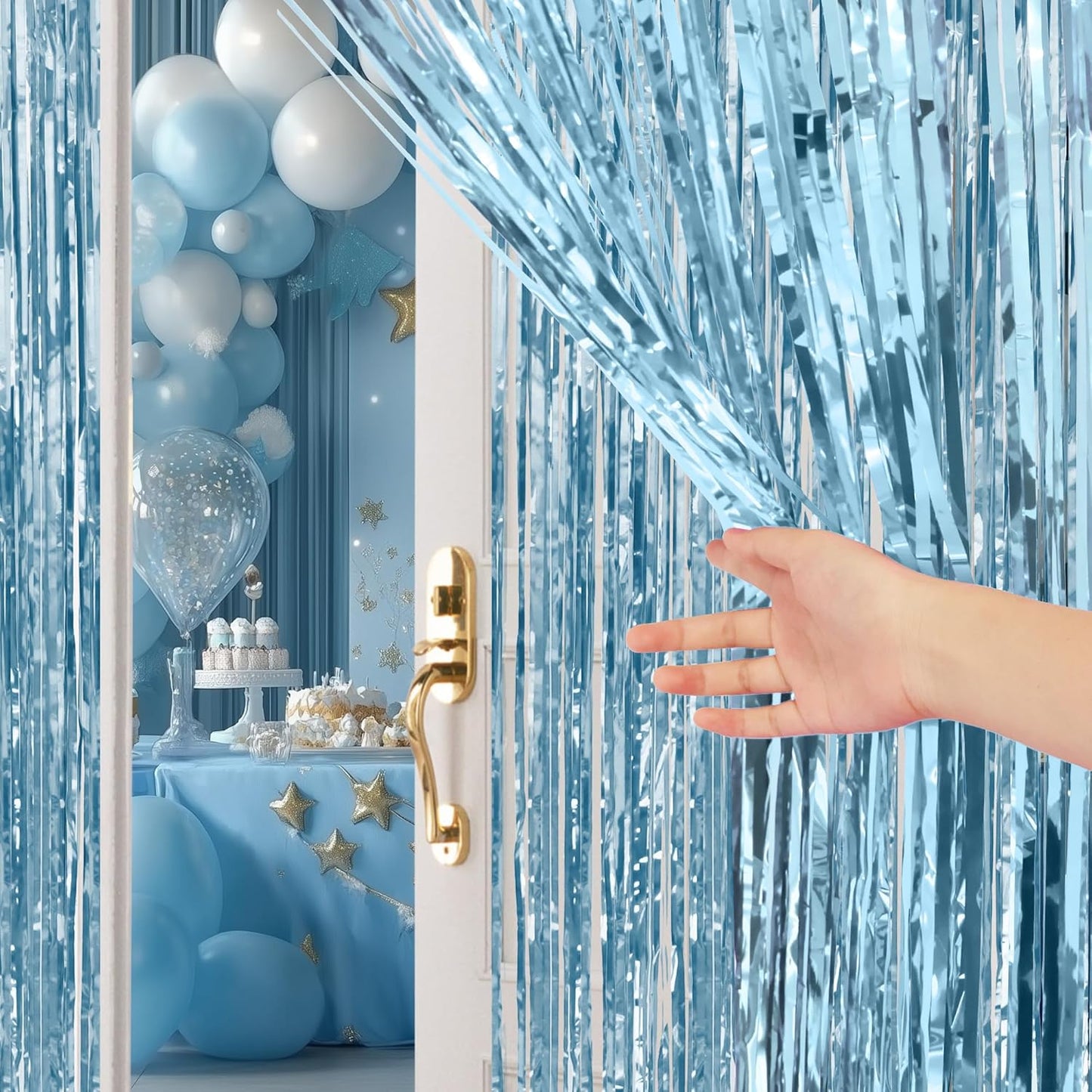 Skiennix Light Blue Fringe Backdrop - 3.2x8.2ft Shining Foil Tinsel Curtains for Parties & Events