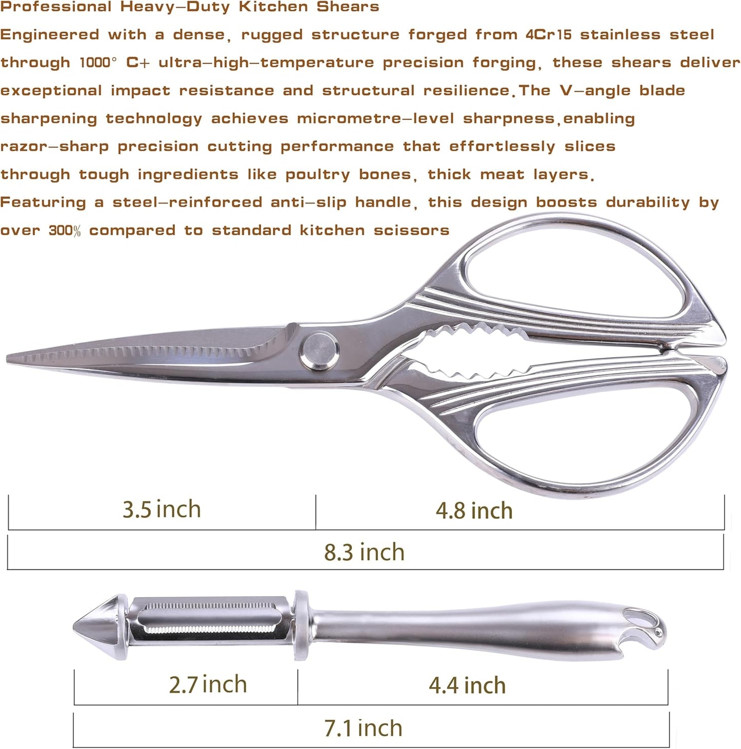 Skiennix Stainless Steel Kitchen Shears - Heavy Duty All-Purpose Scissors for Meat & Vegetables | 8 Inch, Dishwasher Safe