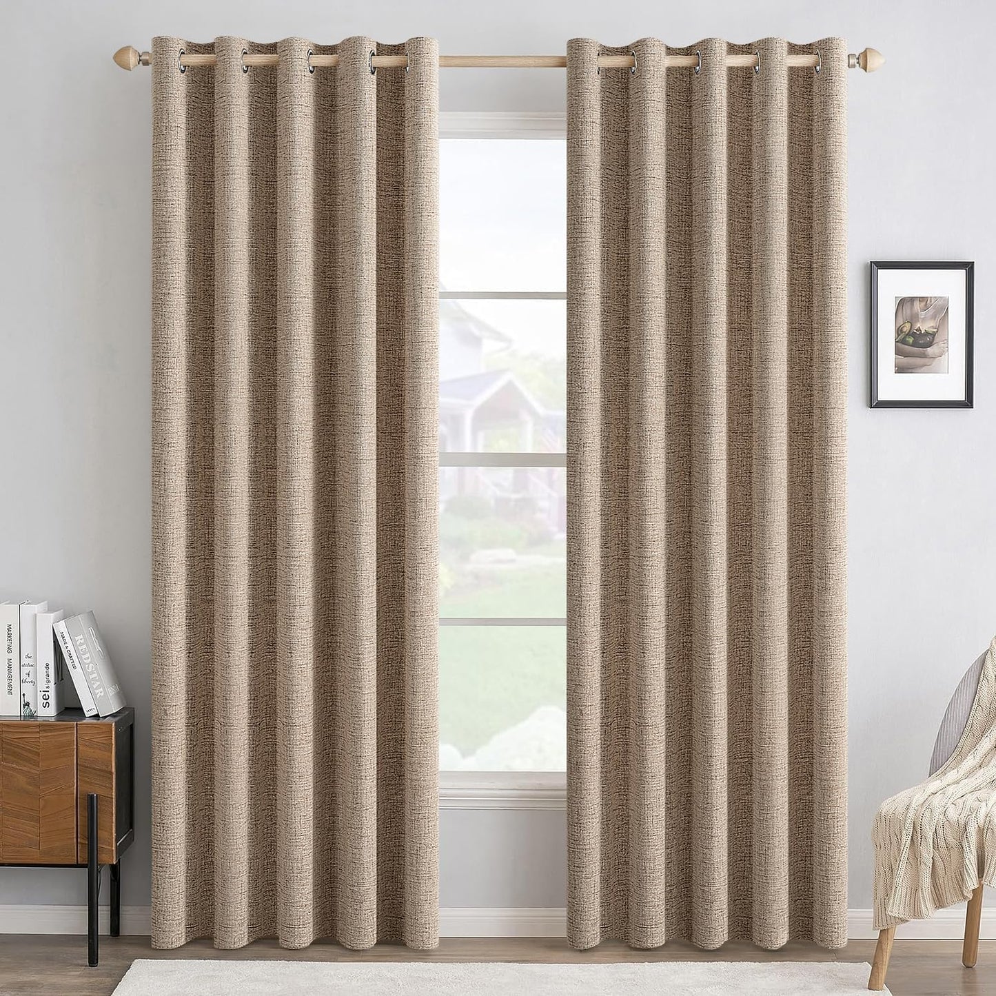 MIULEE 100% Blackout Linen Textured Curtains - Thermal Insulated Copper Brown Drapes | 62 x 96 Inch (2 Panels)