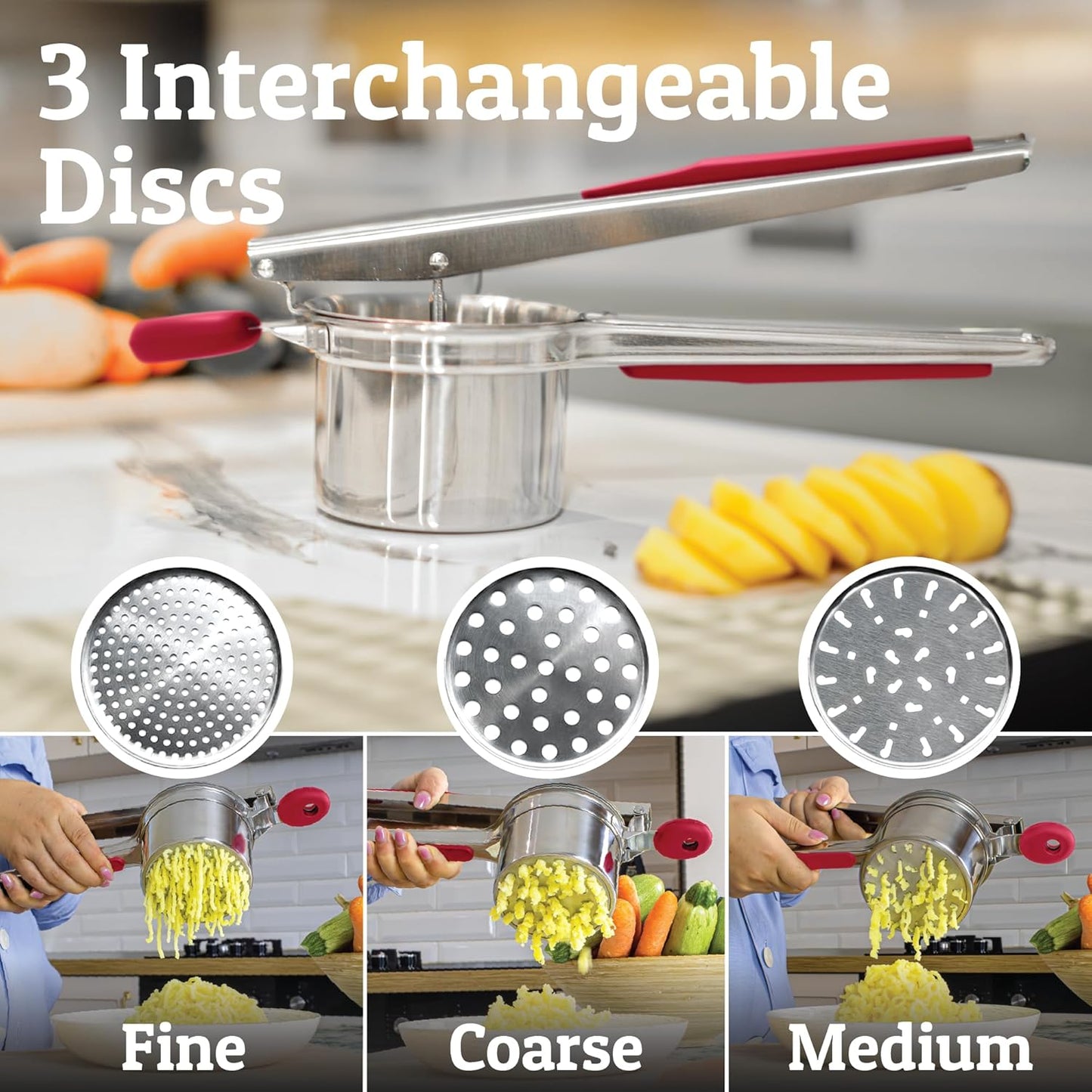 PriorityChef 15oz Potato Ricer - Heavy Duty Stainless Steel Kitchen Tool with 3 Discs | Perfect for Mashed Potatoes