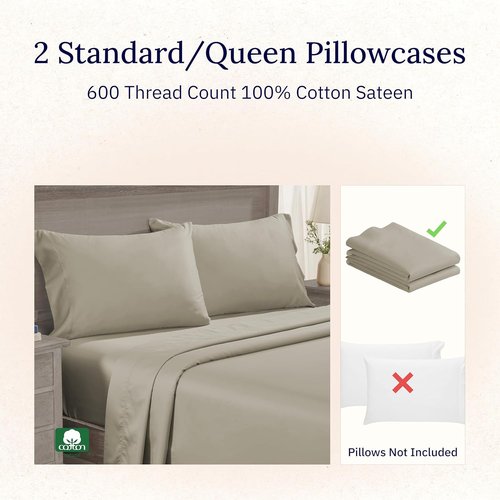 California Design Den 600 Thread Count Cotton Pillow Cases - Luxuriously Soft & Cool | Set of 2, Queen Size (Taupe)