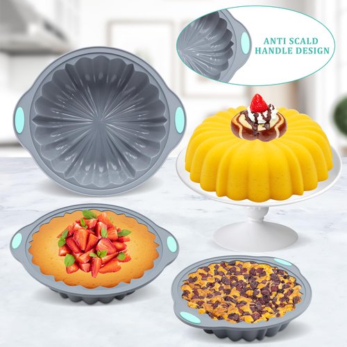 Jasybo 3-Piece Silicone Round Cake Pan Set, Metal-Frame Non-Stick Baking Trays, Jelly Molds, Non-Stick Grooved Cake Molds, Suitable for Breads, Meat Patties, Cakes, 5/7/9 Cups, Light Gray