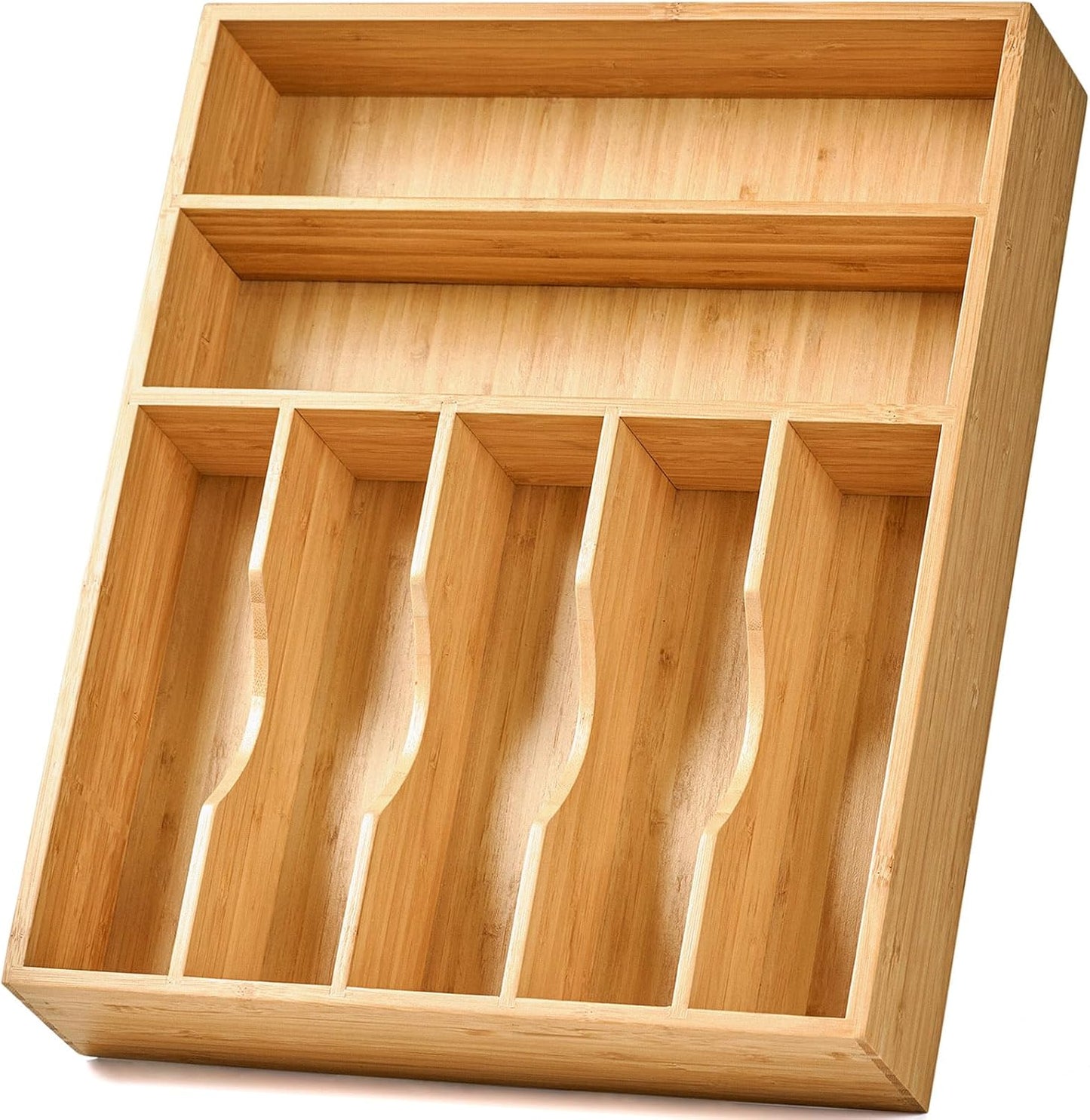 Umilife Bamboo Kitchen Drawer Organizer - Extra Deep 7-Slot Utensil Tray for Flatware | 13 Inch Bamboo Caddy