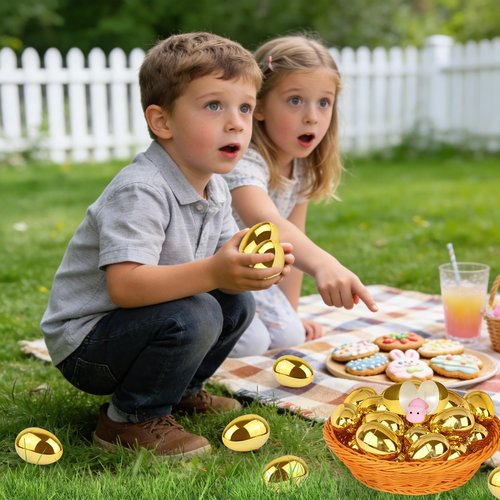 Envotek 36 Pack Gold Easter Eggs, 2.4 Inch Metallic Plastic Empty Golden Eggs Fillable for Easter Eggs Hunt, Easter Basket Stuffers Fillers, Classroom Prize Supplies, Filling Treats and Party Favors