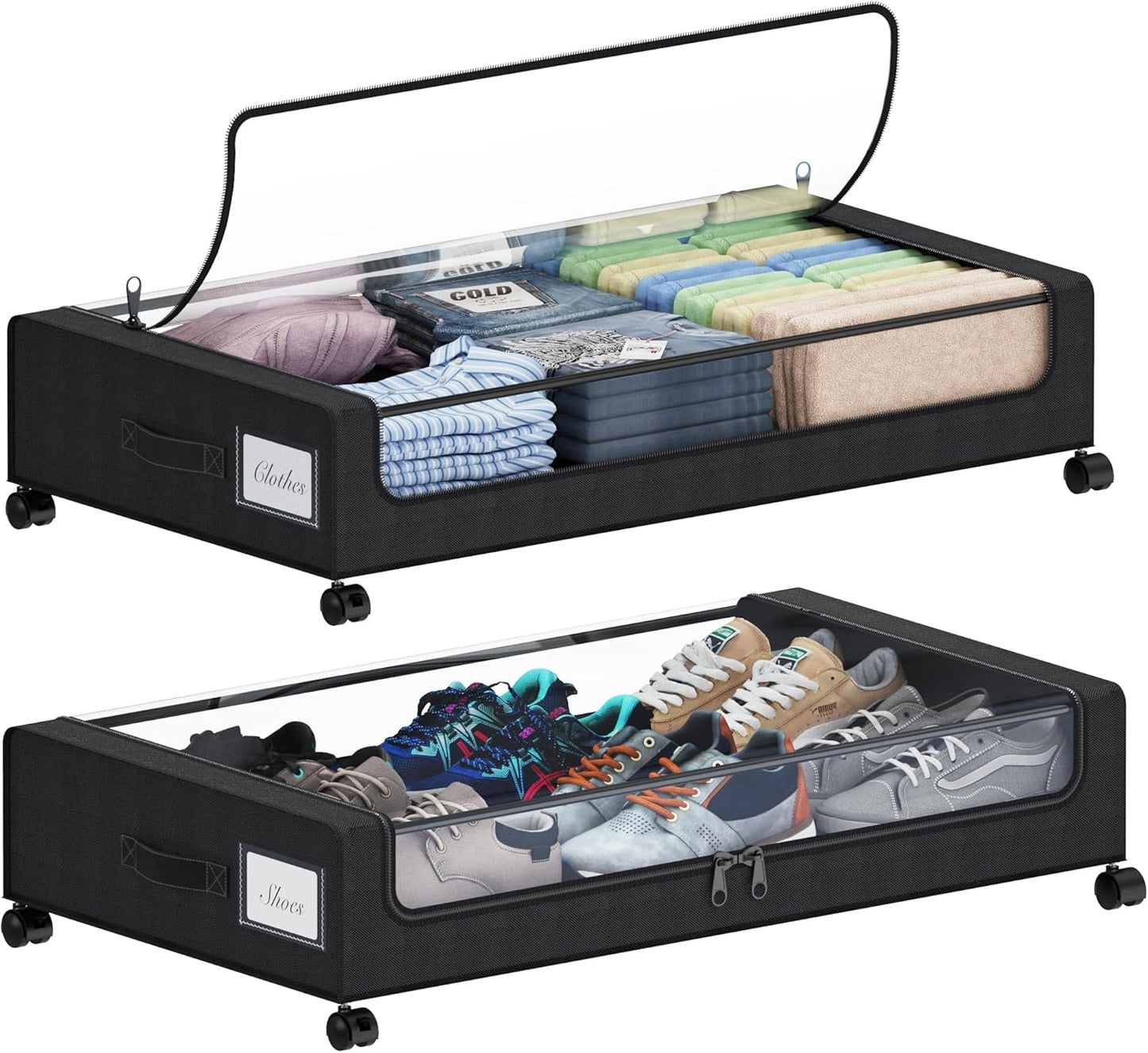 Tututry Under Bed Storage Bins - XXL 60L Rolling Containers with Lids & Labels | 2-Pack Black for Shoes, Clothes, Toys